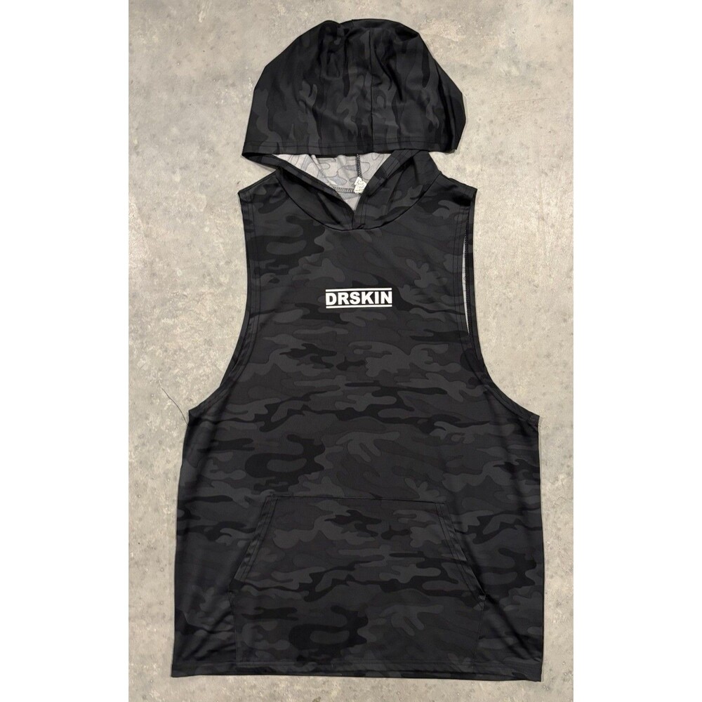 DRSKIN Black Camo Athletic Sleeveless Hoodie Top Shirt | Men's Size Large